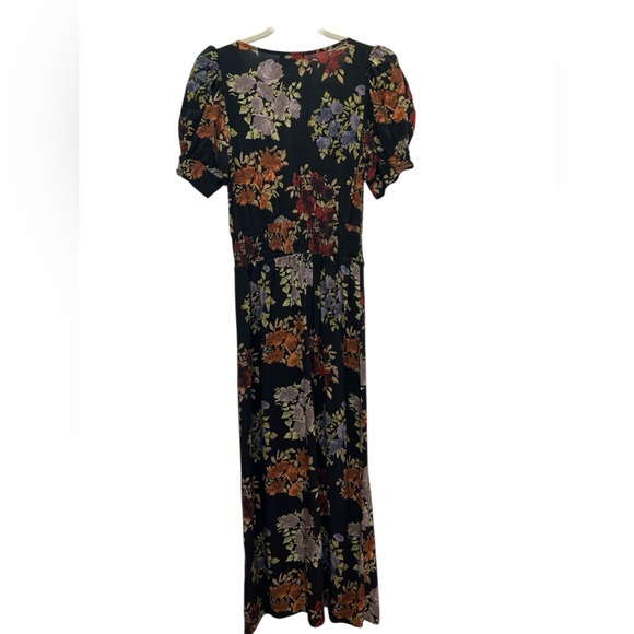 ASOS Dark Floral Midi Dress Puff Sleeve Lace-Up Front Slit Romantic Cottagecore - Picture 3 of 5
